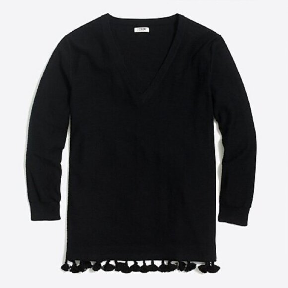 J. Crew Sweaters - J Crew Tassel Hem Sweater Black 3/4 Sleeves Size Medium Knit V-Neck Knit Fringe
